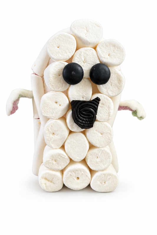 Fantômallow, fantôme en guimauves sur fond blanc